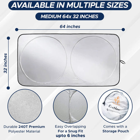 Heavy Duty Car Windshield Sun Shade Blocks Gnarly Highway Scorcher And Dangerous Ultraviolet Rays Keeps Your Ride Cooler Premium Heat Deflector, Medium 64x32 inches, durable polyester material.