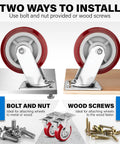 Solid As A Rock Six Inch Polyurethane Caster Wheels installation options showing bolt and nut with wood screws for secure use.