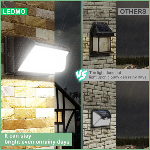 Tough As Nails 150W Led Wall Pack Light For Outdoor Use Packing 21000 Lumens mounted on a stone wall under rain.