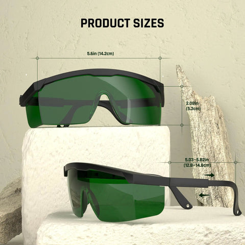 Heavy Hitter IPL Laser Safety Glasses With Anti Blue Light Filter For Hair Removal And Salon Procedures sizes displayed on a neutral background.