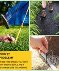 25 Pack 6 Inch Landscape Staples 11 Gauge Galvanized Lawn Stakes being used for securing weed barrier fabric and ground stabilization