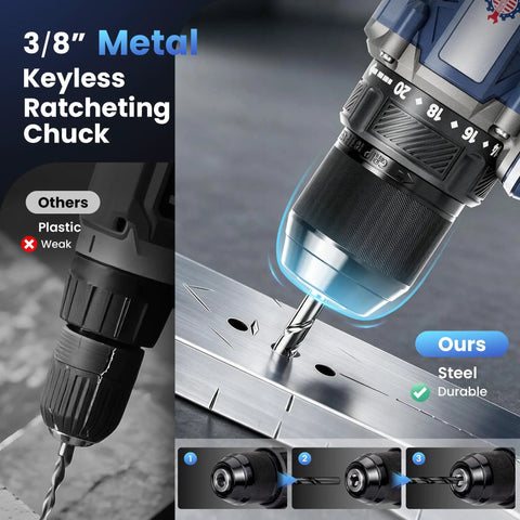 Heavy Duty 20 Volt Max Brushless Cordless Drill Kit With Badass 70 Newton Meter Torque And 1800 Rpm Speed For No Fuss Home Fixes Furniture Buildout And Everyday Diy Jobs Featuring Quick Change Keyless Chuck with metal keyless ratcheting chuck.