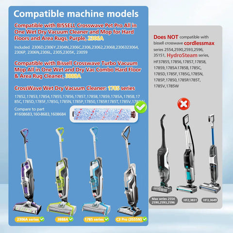 Compatibility chart for CrossWave Replacement Brush Kit With Three Multi Surface Brush Rolls And Three Vacuum Filters