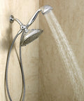 Refresh 9 Inch Rain Shower Head With 7 Function Handheld Sprayer In Chrome mounted on tile wall releasing water stream