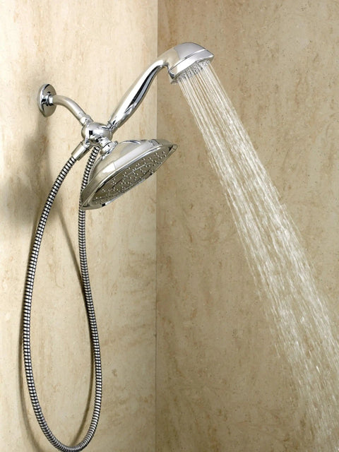 Refresh 9 Inch Rain Shower Head With 7 Function Handheld Sprayer In Chrome mounted on tile wall releasing water stream