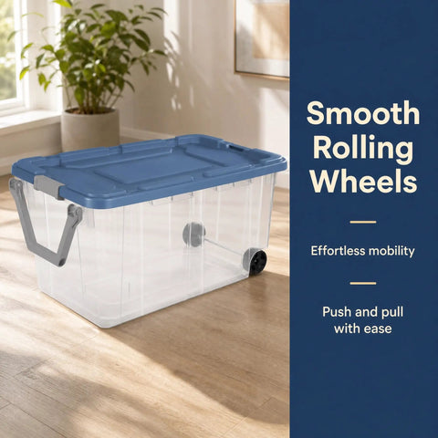 2 Pack 160 Quart Heavy Duty Rolling Storage Bins With Clear Transparent Walls And Tough Latching Lids For Smooth Glide Action, showcasing smooth wheels.