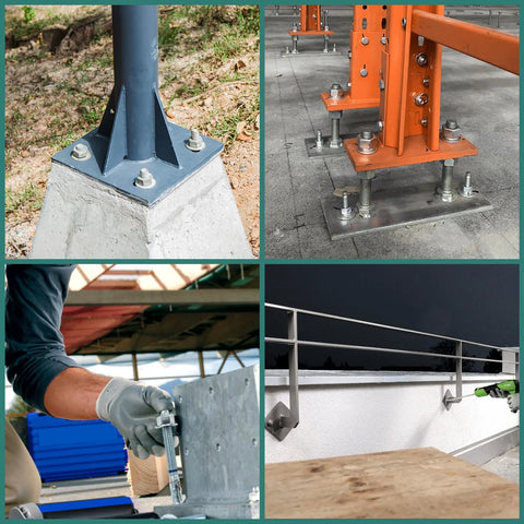 Montage showing Three Eighths Inch By Five Inches Concrete Wedge Anchors Bolts Zinc Plated 25 Pack Heavy Duty Carbon Steel Masonry Anchors installed in concrete bases.