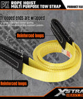 Beefy Heavy Duty Rope Hoist Kit With 4000 Lb Break Strength 65 Ft Poly Rope Includes Two 8 Ft Lift Slings With 1 Inch Web Slings And Black Wear Guard Ends Garage Grade Lifting For Home Shop Towing And Light Industrial Use, showing reinforced loops on yellow web sling.