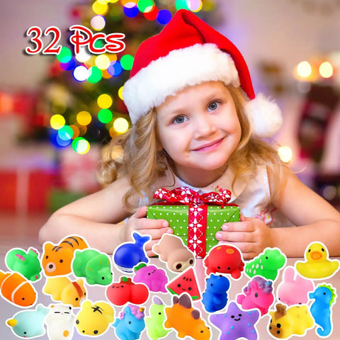 Premium Total Knockout 32 Pack Mochi Squishy Toys Kawaii Animals with a smiling girl holding a gift at Christmas.
