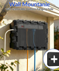 Waterproof Outdoor Electrical Box Heavy Duty Cover For Extension Cords And Holiday Lights With Tight Port Seals And Wall Mount Bracket, installed on a wall with cords visible.