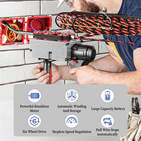 Pro Grade Cordless Fish Tape No Sweat Electric Wire Threading Tool Automatic Cable Feeder Adjustable Speed Wire Puller Straight Up Quality For Contractors Easy Wall Run 15 Meter Line in use with brushless motor and wire feed system.