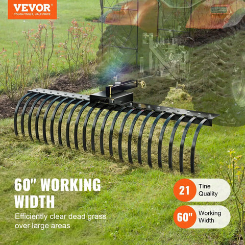 Tow Behind Landscape Rake 60 Inch Dethatcher with 21 steel coil tines shown attached to tractor in a grassy field