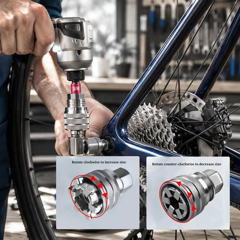 Heavy Duty Adjustable Universal Socket Wrench 3/8 Inch Drive Fits 10 To 19 Mm Fasteners with ratchet attached for bike repair.
