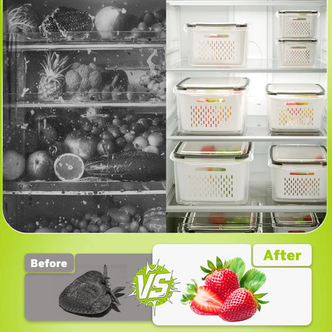 Five Pack Fridge Storage Containers With Removable Colanders, Leakproof Lids, And Clear Lids, shown before and after use in fridge.