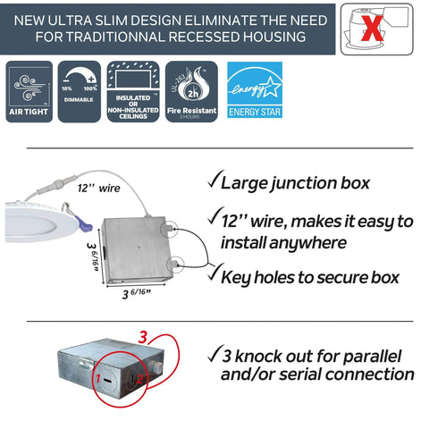 Diagram of Ultra Slim 4 Inch LED Recessed Lights Kit 6 Pack, IC Rated, showing large junction box and installation details