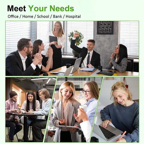 People in various settings, including an office, meeting, and casual workspace.
