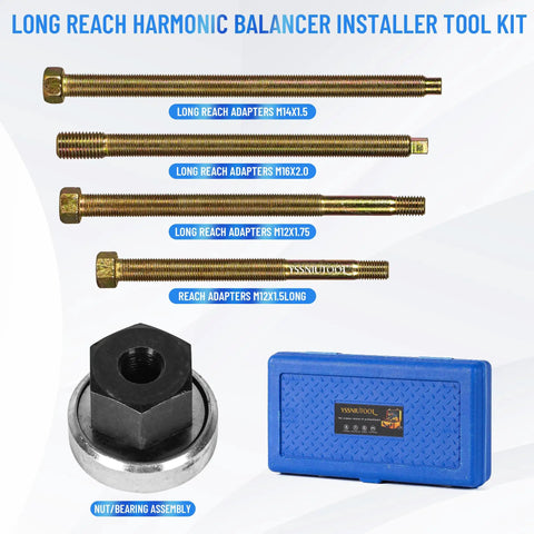 Long Reach Crank Pulley Installation Tool Set with 4 adapters and nut bearing for harmonic balancer and underdrive dampers