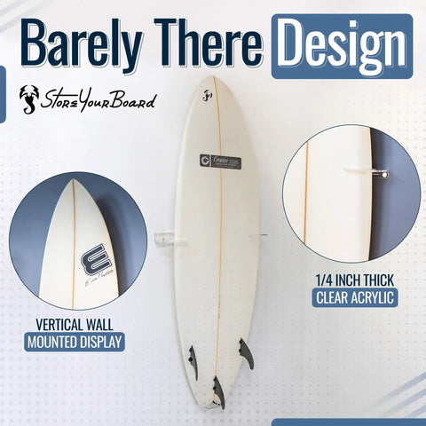 Heavy Duty Vertical Surfboard Wall Mount Rack Made From Crystal Clear Acrylic, showcasing a surfboard in a vertical wall-mounted display.