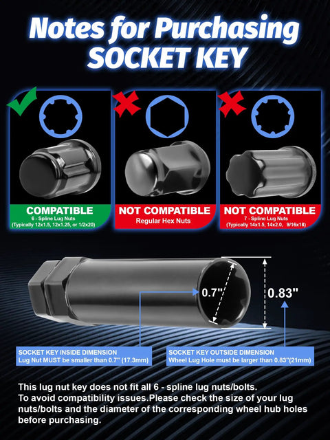 Notes on compatibility for Tough As Nails Heavy Steel 6 Point Spline Lug Nut Tuner Socket Set, showing compatible vs. non-compatible keys.