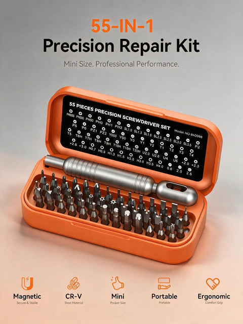 Knockout Precision Screwdriver Set Features Fifty Five Mini Bits Including Phillips Torx And Pentalobe For Phones Laptops Controllers Drones Eyewear And Electronics Plus A Slick Pocket Ready Storage Case You Can Easily Toss In Any Bag, showing 55 mini screwdriver bits in orange case.