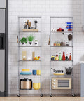 Premium Heavy Lifter 2 Pack 6 Tier Wire Shelving Units With Easy Roll Casters And Rust Free Hooks For No Sweat Home And Garage Organization Flexible Rack Setup displaying kitchen items.