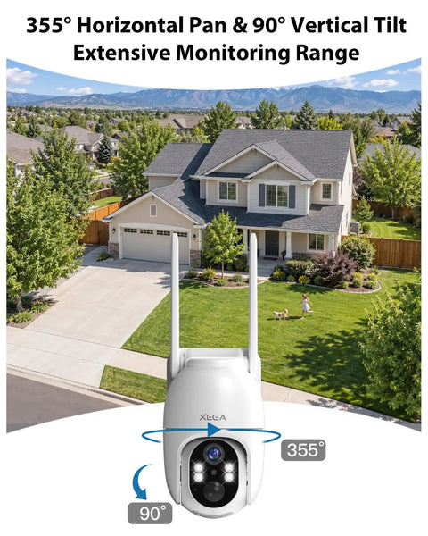 Tough As Nails 4G LTE Solar Cellular Security Camera With Built In Sim Card Runs Smooth Without WiFi Secures Remote Driveways Farms And Ranch Sites Featuring 24 Hour Continuous Recording showing 355° pan and 90° tilt capability.
