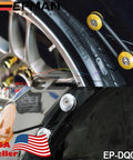 Silver Bumper Quick Release Fasteners Kit For Front And Rear Bumpers, Trunk Hatch Lids And Fenders, Powder Coated Anodized Finish, 6061 T6 Billet Aluminum, Off Road Ready And Easy To Install, shown installed on car wheels and fender.