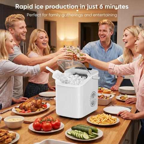 Score Big On Fresh Ice Every Day With This Compact Countertop Machine shown on table with friends and food.
