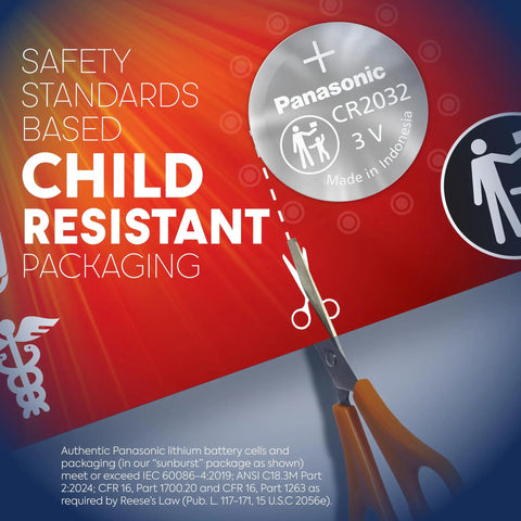 Cr2032 3V Lithium Coin Cell Batteries In Child Resistant Packaging with scissors cutting the package for safe access.