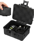 Slick Portable Plastic Toolbox Organizer With Molded Foam Inserts For Camera Gear and cable storage, showing black hard shell case with foam.