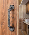 Sliding Barn Door Handles Set Of 4 In Dark Brown Cast Iron With Vintage Rustic Finish long gate pull installed on kitchen door