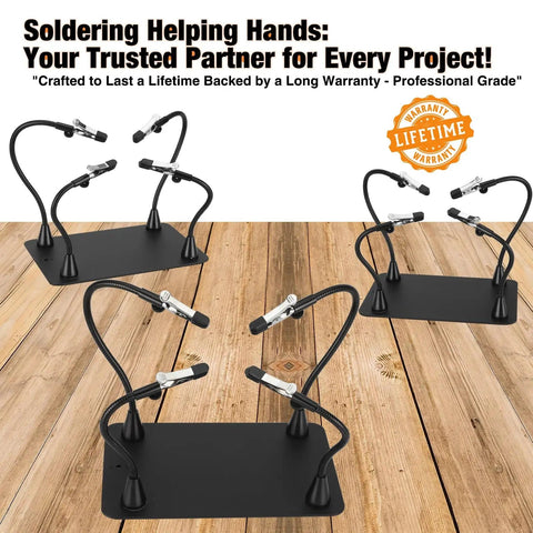 Extra Magnetic Soldering Third Hand with Alligator Clips 4 Gooseneck Arms, non-slip base, shown on wooden surface.