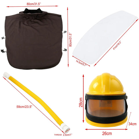 Beast Mode Sandblast Helmet With Air Supplied Hood And Shoulder Cloak, Full Face Safety Gear components, dimensions