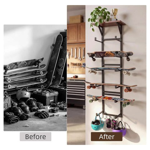 Multi Deck Skateboard Rack Wall Mount Display Hanger With Solid Wood Top Shelf And Rubber Grip Pads to showcase stored skateboards.