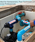 Heavy Duty Pool Equipment Labels And Valve Stickers For Spa Plumbing 560 Piece Kit on valves and pipes with bold labels in blue and red.