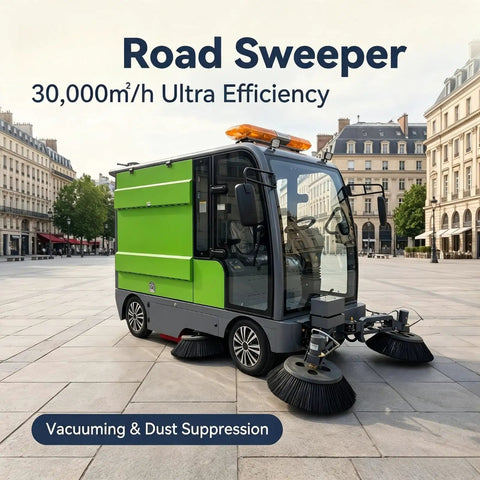 Heavy Duty Industrial Floor Sweeper Machine For Warehouses And Factories, green road sweeper with dual brushes outdoors.