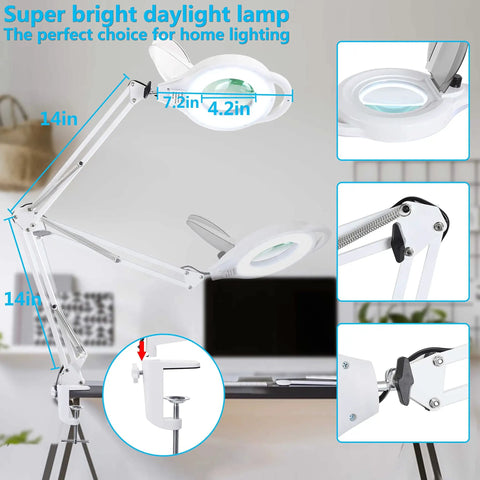 10X Magnifying Lamp With Clamp, 2200 Lumen Super Bright Light, Real Glass Lens, Stepless Dimming shown on a desk