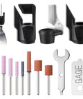 13 Piece Chainsaw Sharpening Kit With Dremel A67902 Attachments including grinding stones, wrench, and gauge displayed on white background.