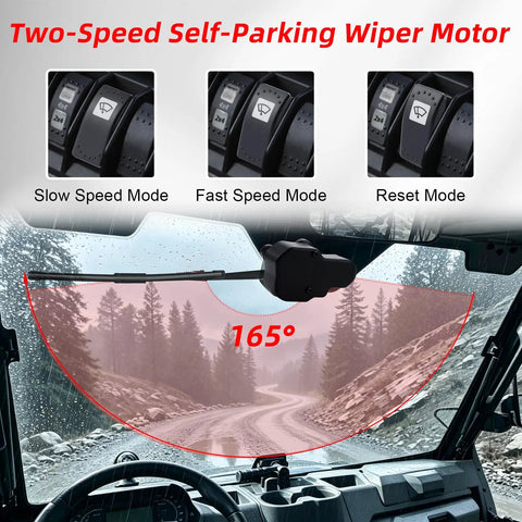 Badass 165 Degree UTV Windshield Wiper Kit With Reinforced Metal Arm And Tough Rubber Blade showing dual speed controls and wiper arc.