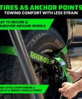 Badass Car Hauler Tie Down Straps Four Pack Two By Eight Foot Lasso Kit securing around a tire with green webbing.