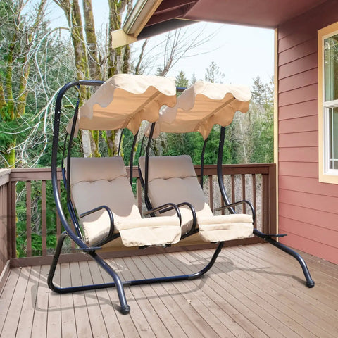 Double Seat Outdoor Patio Swing With Removable Canopy And Cup Holders, Perfect For Porch Or Garden And Poolside Hangouts
