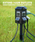 Tough As Nails 24 Hour Mechanical Outdoor Timer With Six Grounded Outlets and Six Foot Extension Cord For Garden Lighting and Patio Setup slick waterproof design detail with six outlets in grass.