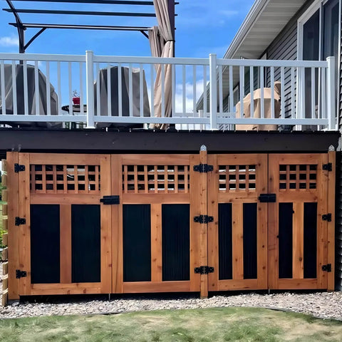 Outdoor wooden fencing with Three And A Half Inch Heavy Duty Gate Hinges Eight Pack Black Iron T Hinges visible in use.