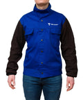 DVALIN Hybrid FR Leather Welding Jacket With Leather Sleeves And Snap Buttons worn front view