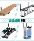Built Like A Tank Wall Mount Kayak Storage Rack With Paddle Hooks storing various items like wood, ladders, snowboards, and folding chairs.