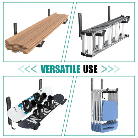 Built Like A Tank Wall Mount Kayak Storage Rack With Paddle Hooks storing various items like wood, ladders, snowboards, and folding chairs.