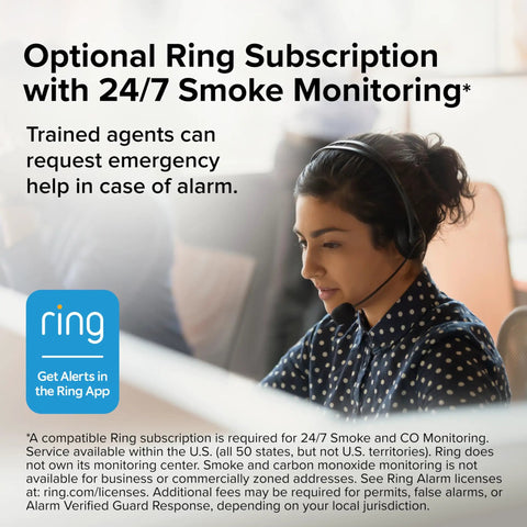 Customer service representative with headset, optional Ring subscription for 24/7 monitoring for Kick Butt Protection Smart Smoke Detector.