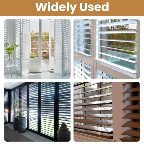 Complete 220 Piece Plantation Shutter Repair Toolkit Featuring Durable Steel Pins Bulk Louvers Staples Precision Washers And Heavy Springs For No Sweat Home Fixes in various window settings.