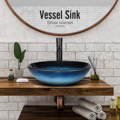 Blue vessel sink with oil rubbed bronze faucet from Dope Look Vessel Sink For Your Bathroom, showcasing glossy finish on wood vanity.