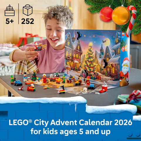 Ultimate Holiday Advent Calendar Set For 2026 Featuring Twenty Four Sweet Mini Surprises And Rad Brick Pieces Designed For Kids Five Plus, child playing with festive LEGO bricks.